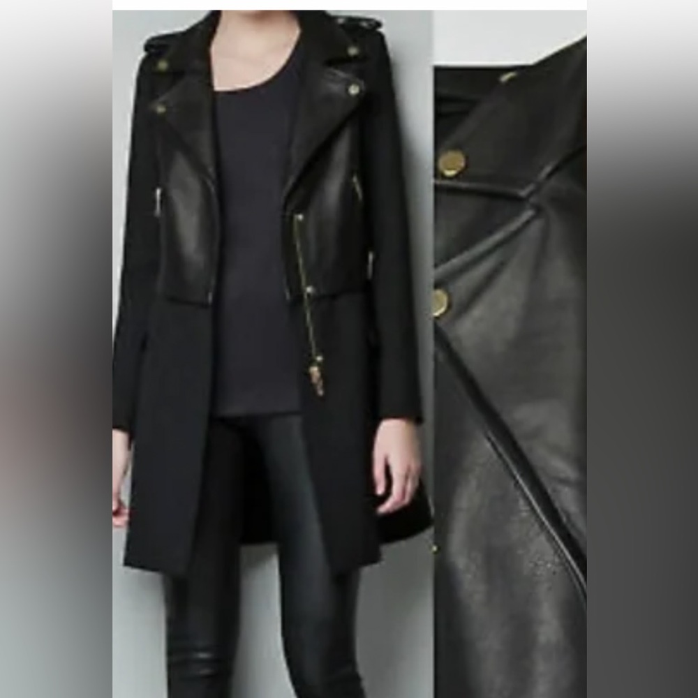 Real leather ZARA moto  front , wool blend coat . NWOT.